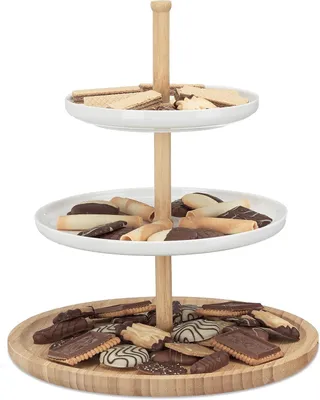 Productafbeelding van Etagère bamboe en keramiek - 3 lagen - Ø x H: 30 x 36 cm - Fruit - Koekjes - Serveerschaal - Fruitschaal - Natuur-wit