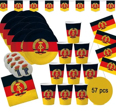 XXL DDR Party-Set Deko für 8 Personen 57-tlg. Pappgeschirr Mottoparty Nostalgie schwarz rot gold Ostalgie Andere Länder