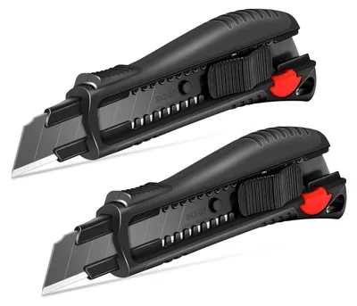 Immagine prodotto di Coltello da taglio professionale da 18 mm, confezione da 2 pezzi, coltello per tappeti con impugnatura ergonomica, sistema di bloccaggio automatico, interruttore di sicurezza e lama SK2 sostituibile
