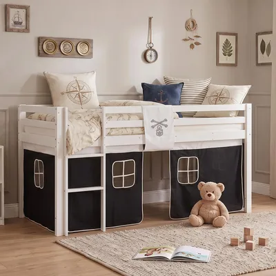 Produktbild von Homestyle4u Hochbett 90x200 Kinder ohne Lattenrost mit Rausfallschutz mit Leiter Vorhang Pirat Schwarz Weiß Massivholz Kiefer Weiß