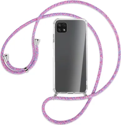 Produktbild von Handykette Backcover-Schutzhülle mit Band (Metall silberfarben) für Samsung Galaxy A22 5G (A226) - lila/rosa/blau