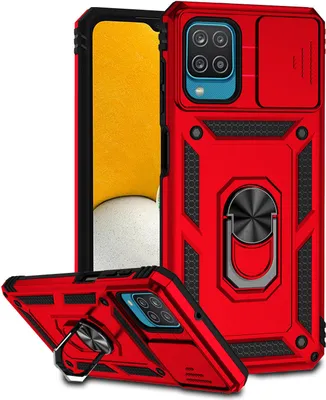Produktbild von Galaxy A12 Hülle mit Schiebe Kamera Schutz und Ringhalter Ständer Robust Rüstung Schutzhülle für Samsung Galaxy A12 Rot