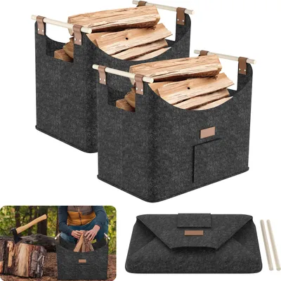 Image de UISEBRT Set de 2 sacs en feutre pliables pour bois de cheminée, panier à bois de chauffage, sac à bois jusqu'à 40kg de charge, panier à bois de chauffage Sac à bois de cheminée, gris foncé