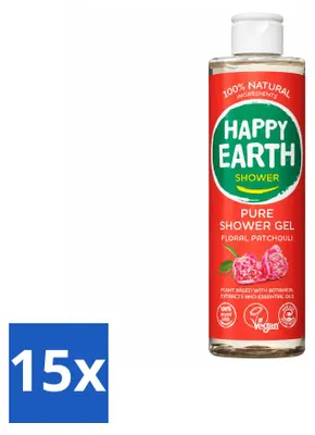 Imagen del producto de 15 unidades de gel de ducha natural "Happy Earth" con aroma floral de pachulí, 100% natural, 300 ml. Paquete económico