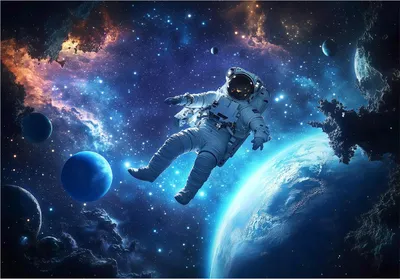 Produktbild von Fototapete Kinder Kosmos Astronaut - 254x184 cm - Vliestapete Kinderzimmer - Vlies Fototapete Blau - 16307V4