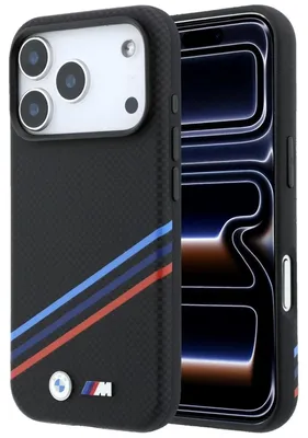 Obrázok produktu pre Puzdro BMW M Quadrille pre iPhone 18 Pro / 17 Pro, s potlačou z Polyamidu, trojfarebnými pruhmi a kovovým logom, s technológiou MagSafe