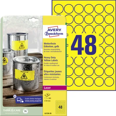 Produktbild von Avery Zweckform L6128-20 Wetterfeste Folien-Etiketten, Ø 30 mm, 20 Bogen/960 Etiketten, gelb