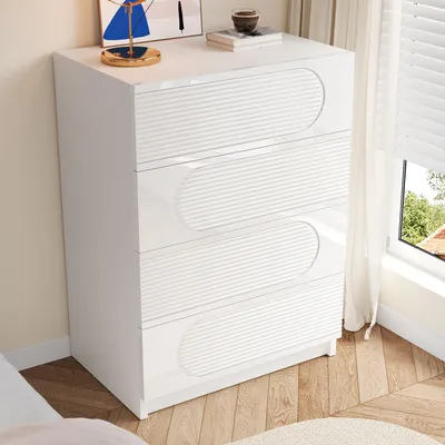 Produktbild von okwish Moderne Kommode 4-Schubladen-Schrank mit tiefen Schubladen,Aufbewahrungsschrank mit Hochglanz-Fronten,Mehrzweckschrank in Weiß