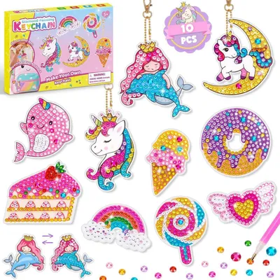 Image de Kit de création de porte-clés "Diamond Painting" pour enfants à partir de 6 ans, comprenant 10 pièces avec des motifs de licorne et de princesse