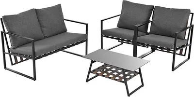 Produktbild von Gartenmöbel Set für 4 Personen – Sofa, Beistelltisch & Sitzkissen, wetterfeste Sitzgruppe mit abnehmbaren Bezügen in Schwarz für Balkon, Terrasse & Garten