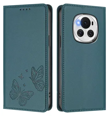 Image de Étui en cuir pour Honor Magic6, motif papillon, étui portefeuille à rabat avec support, vert