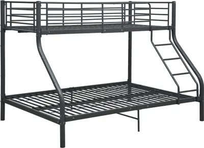 A metal bunk bed frame with a ladder.