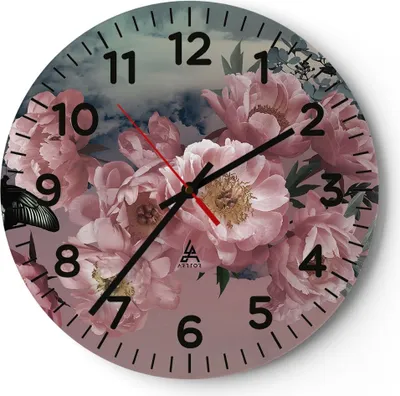 Produktbild von Wanduhr - Rund - Glasuhr - Blumen Schmetterling Wolken - 30x30cm - Schleichendes Uhrwerk - Lautlos - zum Aufhängen bereit - Dekoration Modern - Wanddekoration aus Glas - C4AR30x30-4881