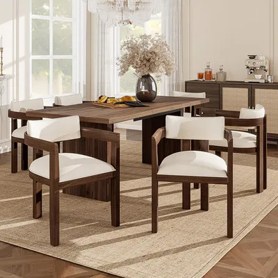 Immagine prodotto di Set da 6 sedie da pranzo Flieks, sedie da cucina con braccioli, sedie imbottite con rivestimento in lino, sedia da soggiorno, 57,5 x 60,5 x 78,5 cm, colore noce