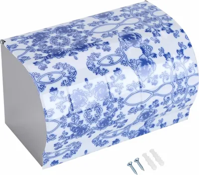 Obrázek produktu pro Držák na toaletní papír z nerezové oceli s víkem pro montáž na zeď, leštěná modro-bílá porcelánová keramika