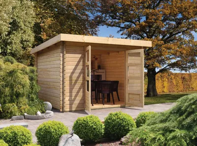 Produktbild von Gartenhaus Blockbohlenhaus Gerätehaus Bastrup 3 naturbelassen 297x237x217 cm