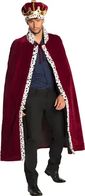 A man wearing a king's costume, including a cape and crown.