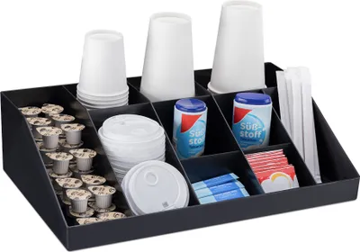 Produktbild von Navaris Kaffee Spender Organizer - Aufbewahrung von Zubehör - Kaffeebar für u. a. Zucker Milch Servietten Kapseln - Kaffeestation 10 Fächer schwarz