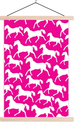 Produktbild von MuchoWow® Textilposter Pferde - Rosa - Weiß - Mädchen - Kinder - Mädchen 120x180 cm mit holzfarbenen Rahmen - Textil-Plakat