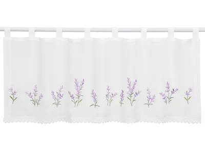 A white valance curtain with embroidered lavender flowers along the bottom edge, hanging from a white rod.