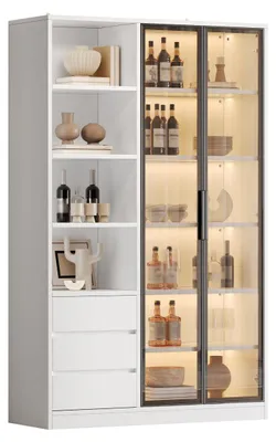 Obrázok produktu pre Vitrína, vysoká skrinka s LED osvetlením a sklenenými dverami, 100x35x160 cm, komoda s 3 zásuvkami, biela