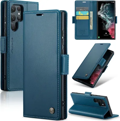 Immagine prodotto di Custodia Galaxy S22 Ultra 5G, Custodia in pelle con supporto per Samsung Galaxy S22 Ultra 5G Blu