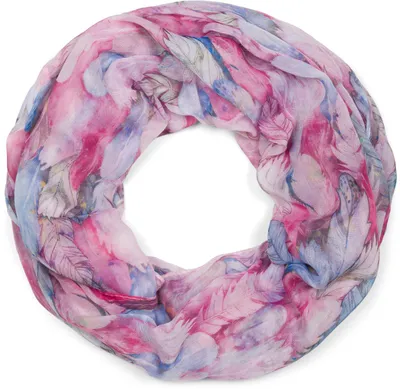 Produktbild von styleBREAKER Damen Loop Schal mit buntem Feder Muster, leichter sommerlicher Boho Schlauchschal mehrfarbig 01016239