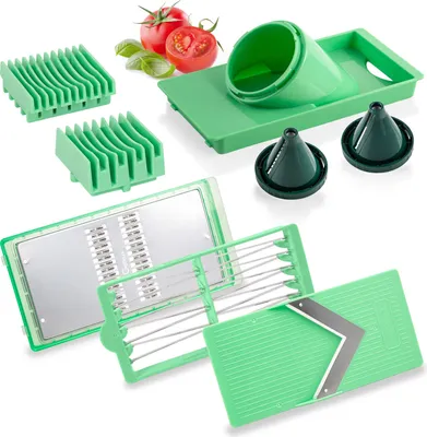 Produktbild von Genius Nicer Dicer Exclusive Gemüseschneider Zubehör 8 -tlg., Gemüsehobel Obstschneider Tomatenschneider, Salatzerkleiner in Streifen Spiralen Juliett