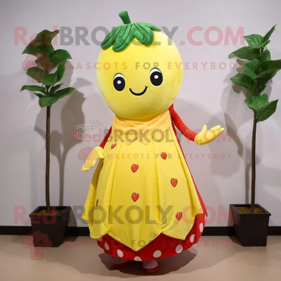 Produktbild von Zitronengelbe REDBROKOLY Erdbeer Maskottchen kostümfigur bekleidet mit einem Kleid und Schals
