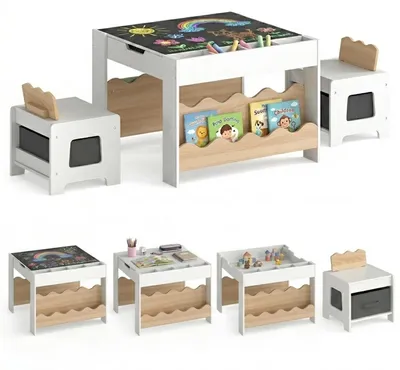 Produktbild von KOMFOTTEU 3-teilige Kindersitzgruppe aus Holz, Kindertisch mit 2 Stühlen, Kindersitzgarnitur mit wendbarer Tischplatte, Bücherregal, Stoffschubladen, Kinder Maltisch mit Stauraum, für Kinder ab 3 Jahren