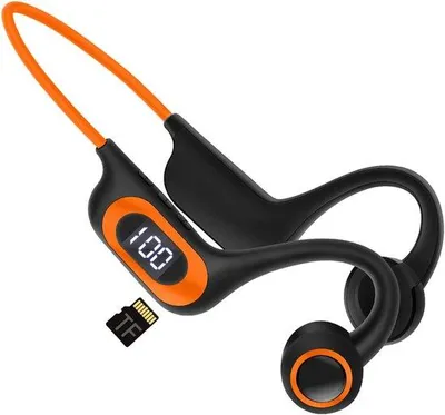 Productafbeelding van Bluetooth-sportoortelefoon met display, microfoon en TF-kaartsleuf, waterdicht, geschikt voor fietsen, hardlopen en autorijden, in oranje kleur