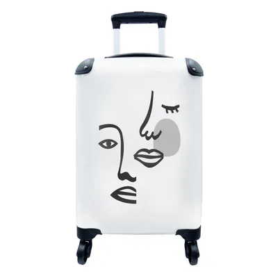 Produktbild von MuchoWow® Koffer Handgepäck Trolley Rollkoffer Kleine Reisekoffer mit 4 Rollen - Porträt - Strichzeichnung - Schwarz - Weiß - Cabin Size < 55x40x23 cm & 55x40x20 cm - Fotokoffer - Kabinenkoffer - Boardgepäck - Reise-Box - Reisekoffer - Reisegepäck - Koffer mit Bild - Trolley für Kinder