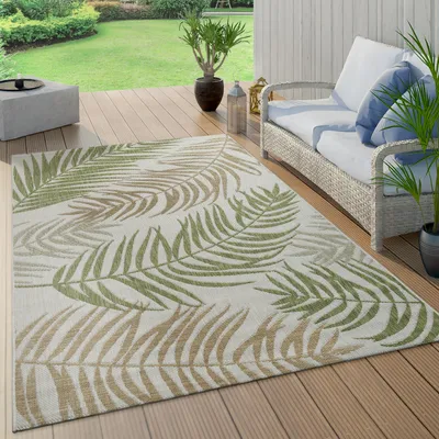 Produktbild von In- & Outdoor Teppich Flachgewebe Modern Jungle Palmen Design In Pastell Grün Grösse 80x150 cm
