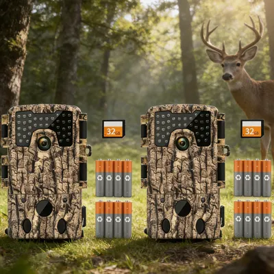 Produktbild von 2 Stück Wildkamera 4K Video Wildtierkamera 48MP mit 32GB Karte & 8 Batterien Bewegungssensor Nachtsicht Nachtsichtkamera 120° Weitwinkel Jagdkamera