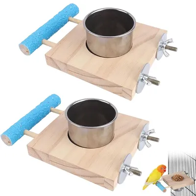 Produktbild von 2er Set Futterspender mit Holzsitzstange, Edelstahl, für Vogelkäfig, Vogelhaus & Kleintiere, hängend oder als Käfigzubehör, vielseitig einsetzbar