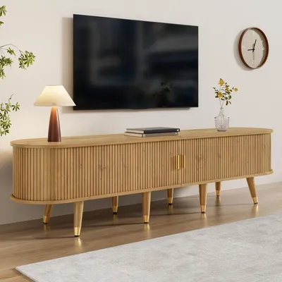 Image de OKWISH Meuble TV avec Portes Coulissantes et Rangements Fermés, Structure en MDF - 175x38x45 cm Motif Bois
