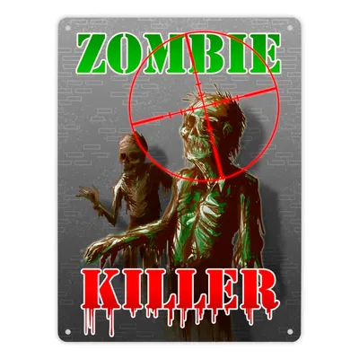 Produktbild von Metallschild XL in 21x28 cm Zombie Killer mit Fadekreuz und zwei Zombies im