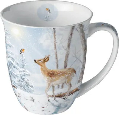 Produktbild von Tasse aus Porzellan Meeting in Winterworld - Reh trifft Vogel in Winterwald 0,4L, Höhe 10,5cm
