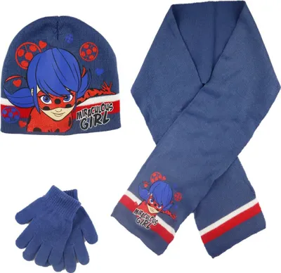 Produktbild von Miraculous Ladybug Kinder 3tlg. Herbst Wintermütze Schal plus Handschuhe – Blau / 52