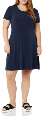 Produktbild von A. Essentials Damen Gerafftes A-Linien-Kleid mit kurzen Ärmeln und Rundhalsaussc