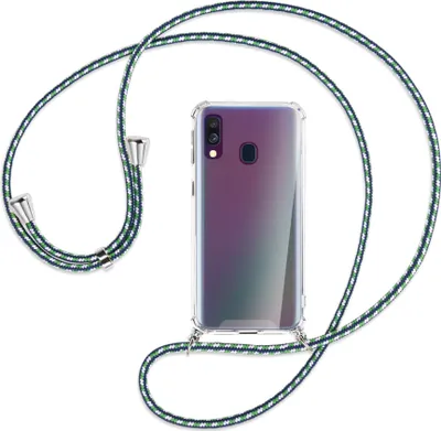 Produktbild von Handykette Backcover-Schutzhülle mit Band (Metall silberfarben) für Samsung Galaxy A40 - grün/blau/weiß