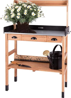 Produktbild von Wetterfeste Pflanztisch mit 3 Schubladen – Gartenarbeitstisch aus Kirschholz mit Zinkplatte – Pflanzenregal für Innen und Außen – 85 x 45 x 130 cm