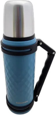 Productafbeelding van Tupperware thermosfles voor buiten, 1,2 liter, Hot & Go, jumbo-isolatiefles. Exclusieve ThermoTup thermoskan, kan, thermo, thermowacht. Kleur: blauw, grijs