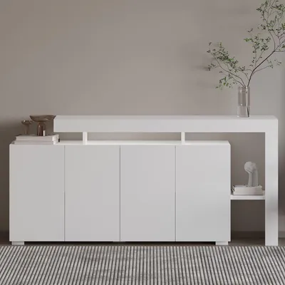 Produktbild von Skye Decor, Hochwertiger Konsolentisch in Weiß, 170 x 80 x 35 cm | 100% melaminbeschichtete Spanplatte, 18 mm dick | Mit LED-Lichtern, zahlreichen Regalen, wandmontierbar, modernes Design.