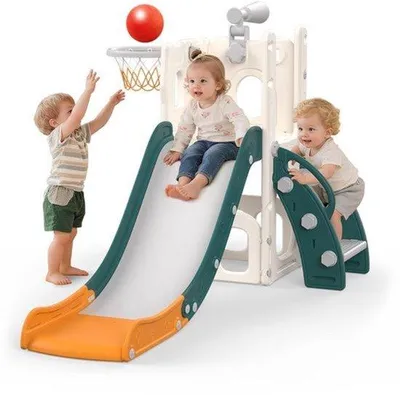 Productafbeelding van 5-in-1 glijbaan voor kinderen, 5-in-1 glijbaan voor binnen en buiten, speelplaats voor kinderen met basketbalmand, opbergruimte en telescoop, speelplaats voor kinderen vanaf 1 jaar, groen