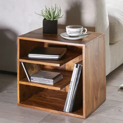 Produktbild von WOHNLING Beistelltisch 43x43x30 cm Sheesham Massivholz Nachttisch Kleiner Wohnzimmertisch mit Ablagen Designer Holztisch massiv Nachtkonsole