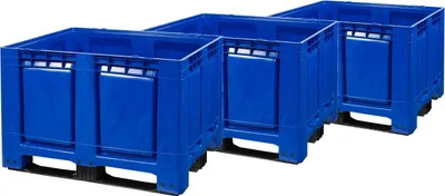 Produktbild von 3 Stück Palettenboxen 1200x1000x790 mm Blau - 3 Kufen - 680L