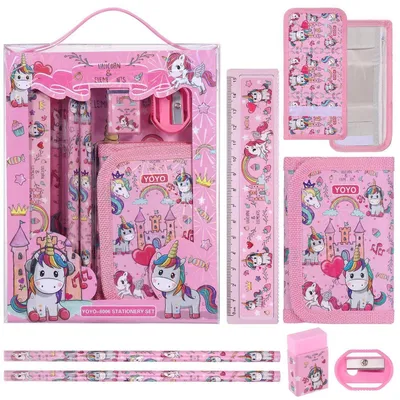Produktbild von Schrein Set 6 Stück für Mädchen mit Stiften, Radiergummi, Anspitzer, Brieftasche, Lineal, Bleistift Rosa Einhorn