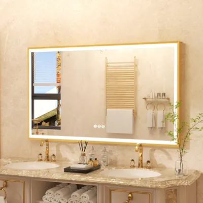 Immagine prodotto di FATIVO Specchio Bagno LED 100x60 cm con Cornice in Alluminio Oro, Antiappannamento, Dimmerabile, 3 Colori di Luce, Montaggio Verticale e Orizzontale