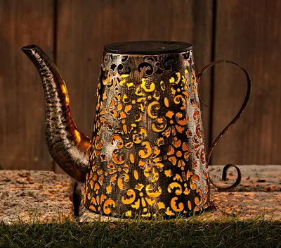 Produktbild von LED Solar Leuchte Metall Gießkanne - 19 x 14 cm - Vintage Deko Garten Lampe in Rost Optik